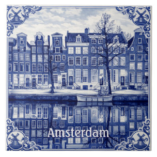 Azulejo estilo Delft Blue com canal de Amsterdã