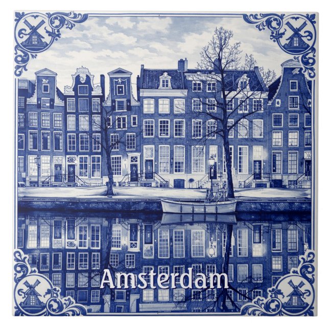 Azulejo estilo Delft Blue com canal de Amsterdã (Frente)