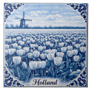 Azulejo estilo Delft Blue com tulipas da Holanda