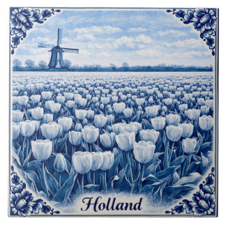 Azulejo estilo Delft Blue com tulipas da Holanda