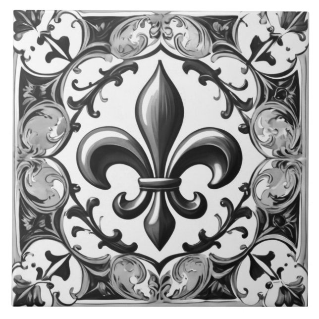Azulejo Fleur de Lis - Azulejo cerâmico preto e br (Frente)