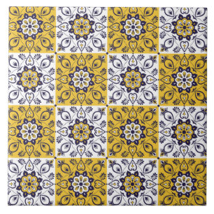 Azulejo Floral Amarelo e Azul Mediterrâneo