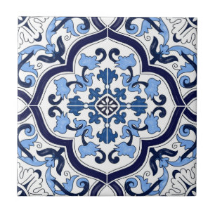 Azulejo Floral Branco Azul Profundo Siciliano Majó