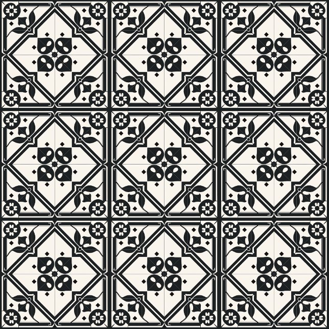 Azulejo Floral Branco e Preto (Elegant Tile Pattern - 3 x 3 tiles with black grout )