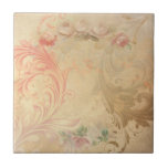 Azulejo Floral chique<br><div class="desc">Vintage esculpiu o trabalho de pergaminho sobre um fundo de roupa em apuros com embelezamento de rosa.</div>