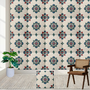 Azulejo Floral de Mandala em Vermelho Teal e Verde