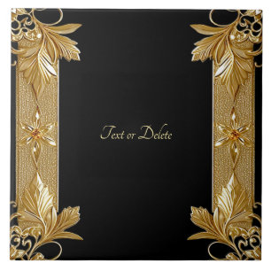 Azulejo Floral de Ornamentado Negro Dourado