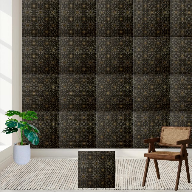 Azulejo Floral e Cruzado Preto e Dourado (Black and Gold Floral and Cross Geometric Tile)