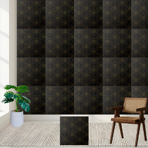 Azulejo Floral Elegante Preto e Geométrico Dourado
