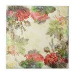 Azulejo Floral Elegante Vintage<br><div class="desc">Buquês vibrantes de flores mistas,  incluindo pansias e margaridas,  e rosas herbáceas em tons de cor-de-rosa profundo são apresentados sobre um fundo creme de textura leve com cobertura de espiral úmida semitransparente.</div>