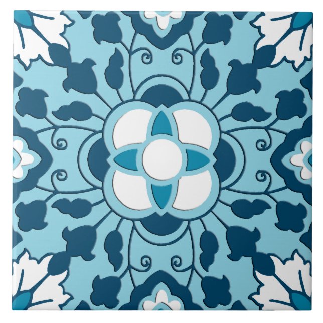 Azulejo Floral marroquino, Indigo, Sky Blue e Whit (Frente)