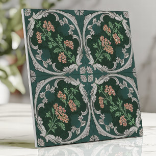Azulejo Floral Vintage com Rolagem Verde Teal Cinz