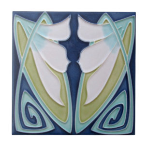 Azulejo - Fundo Azul Art Nouveau Flores Brancas
