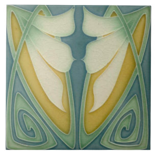 Azulejo - Fundo Azul Art Nouveau Flores de Marfim