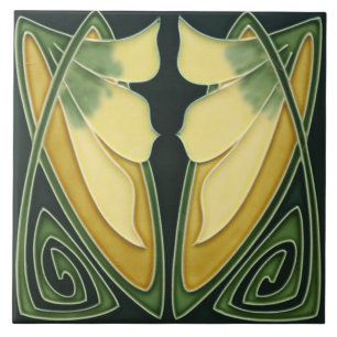 Azulejo - Fundo Verde Art Nouveau Flores de Marfim