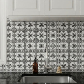 Azulejo Geométrico Barroco Ornamentado Preto e Bra