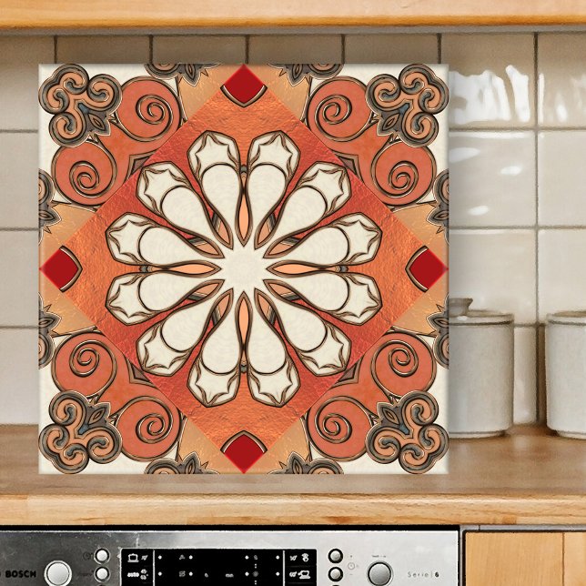 Azulejo Geométrico Cerâmico com Padrão Terrestre M (Tile featuring an abstract floral geometric pattern in Moroccan Mediterranean style in earth tones)
