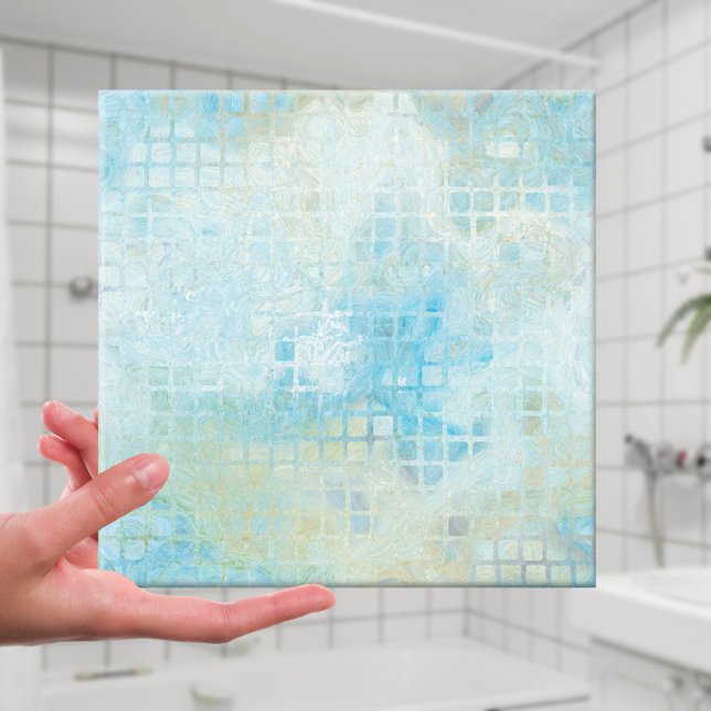 Azulejo Geométrico de Banheiro Turquoise Pastel (Tile featuring a geometric artistic checkered pattern in ocean and seafoam colors)