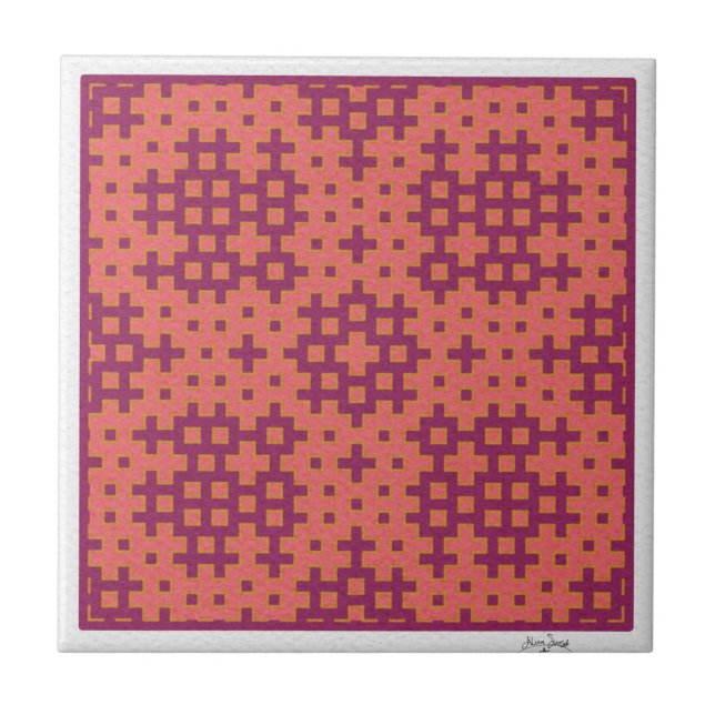 azulejo geométrico de salmão e fuchsia Hitomezashi (Frente)
