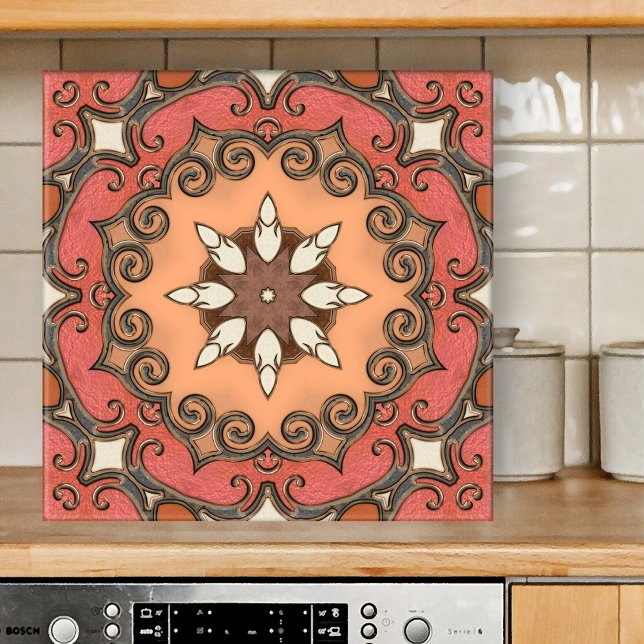 Azulejo Geométrico Quic Retro Floral Mediterrâneo (Abstract design tile showing a geometric floral pattern inspired by Mediterranean art in terracotta)