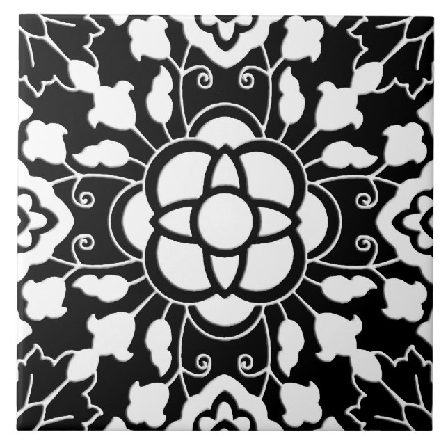 Azulejo marroquino floral, preto e branco (Frente)