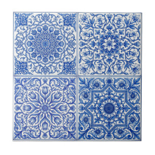 Azulejo Mediterrâneo Branco Azul Padrão Botânico