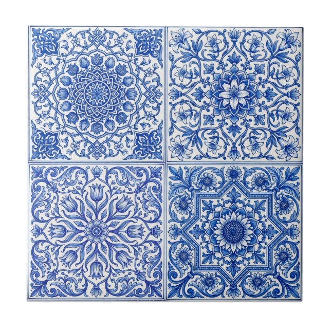 Azulejo Mediterrâneo Branco Azul Padrão Botânico (Frente)