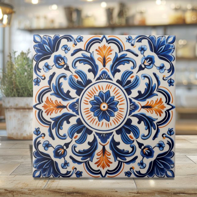 Azulejo Mediterrâneo com Azul e Laranja (Mediterranean Pottery Style Ceramic Tile - Sicilian heritage)