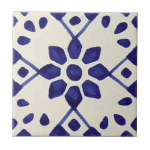 Azulejo Mexicano Azul e Branco Pintado à Mão