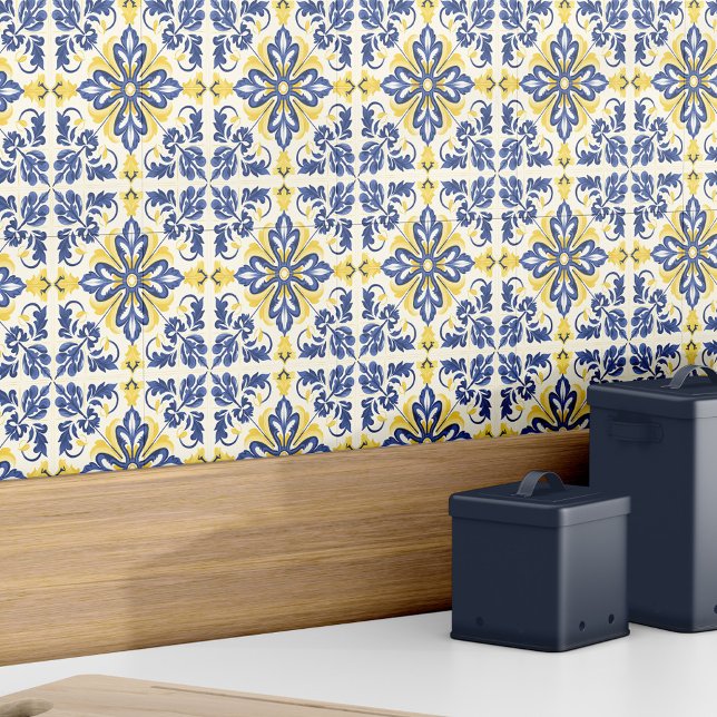 Azulejo moderno amarelo-azul legante espanhol (Spanish Azulejo Modern Elegant Blue Yellow Ceramic Tile)