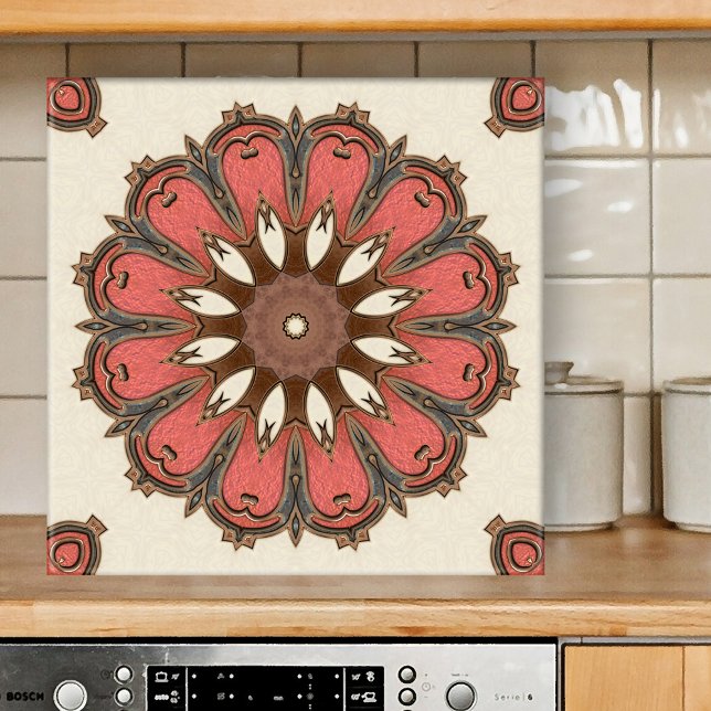 Azulejo na moda Abstrato de Arte Geométrica (Tile featuring an abstract geometric star pattern inspired by Mediterranean art in warm earth tones )