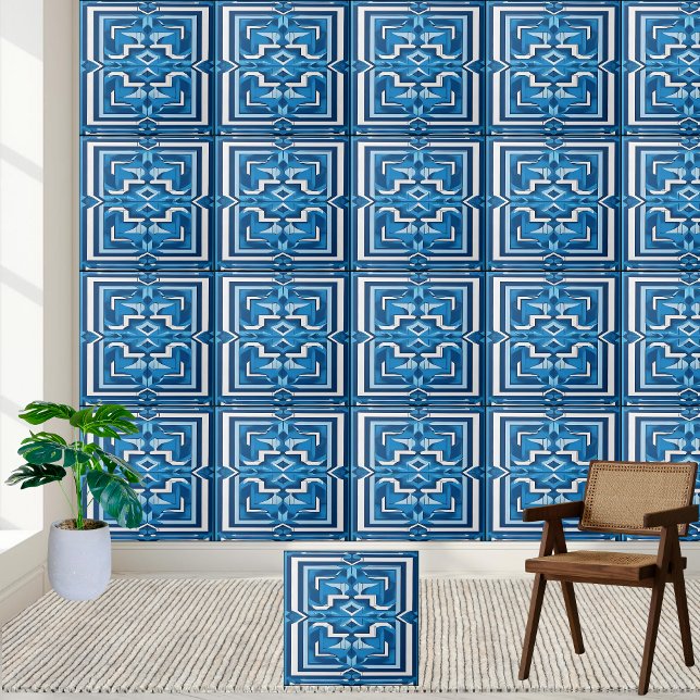 Azulejo na moda azul e mosaico branco grego cerâmi (Criador carregado)