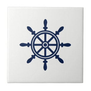 Azulejo náutico azul e branco - roda do navio