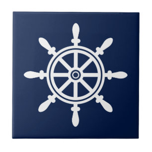 Azulejo náutico azul e branco - roda do navio