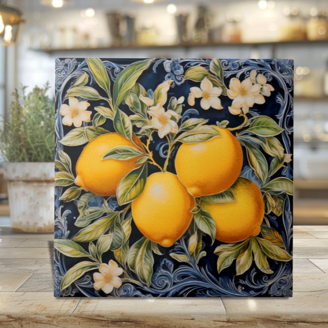 Azulejo Naval Limões Botânicos (Botanical Italian Lemons on Navy - Ceramic Tile with filigree and blossoms)