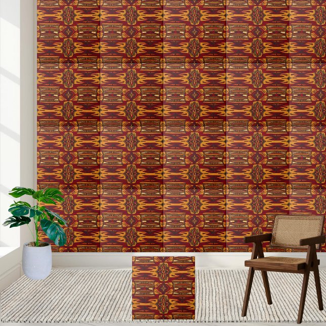 Azulejo negro e Impressão africano Dourado (Bold Red & Gold African Print Tile)