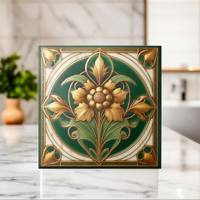 Azulejo Oriental Floral Ornament - Verde e Dourado (Criador carregado)
