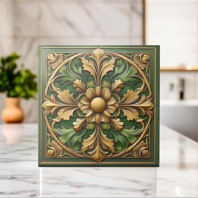 Azulejo Oriental Floral Ornament - Verde e Dourado (Criador carregado)
