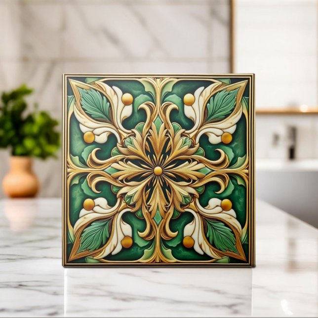 Azulejo Oriental Floral Ornament - Verde e Dourado (Criador carregado)