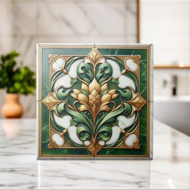 Azulejo Oriental Floral Ornament - Verde e Dourado (Criador carregado)