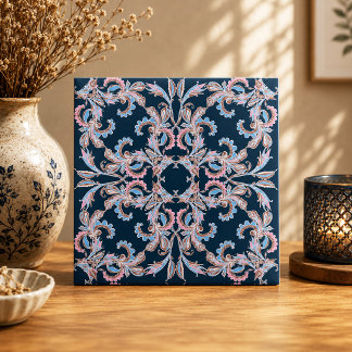 Azulejo Ornamentado com Filigrana Floral em Azul M