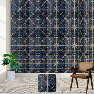 Azulejo Padrão Grego Clássico Azul e Dourado