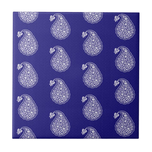 Azulejo persa paisley - branco no azul de índigo (Frente)