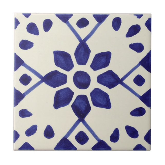 Azulejo Pintado de Mão Azul e Branco Mexicano (Frente)