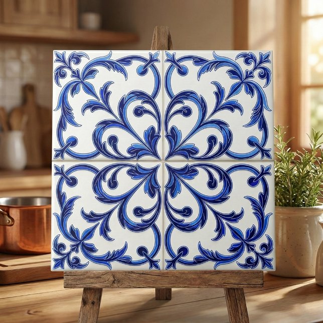 Azulejo Português Azul e Branco Floral Scroll (Criador carregado)