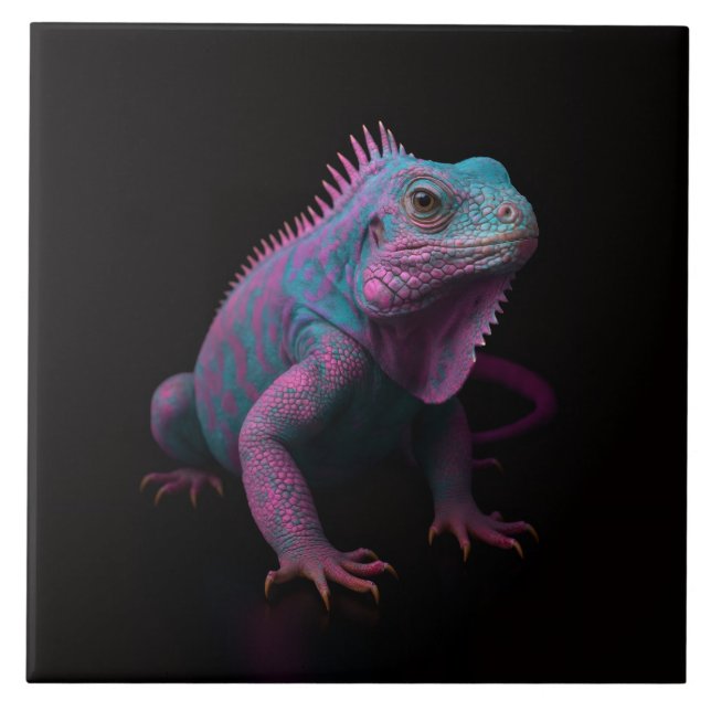 Azulejo Preto 4 Luxe com Iguana Tropical Rosa (Frente)