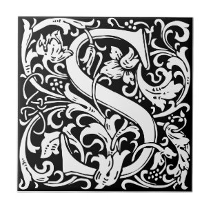 Azulejo preto e branco art nouveau com a letra S