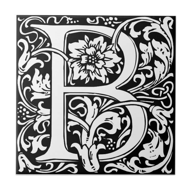 Azulejo preto e branco em arte nova com a letra B (Frente)