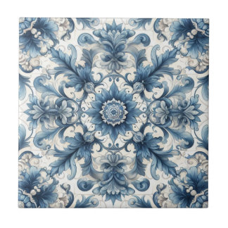 Azulejo Quadrado Com Design Azul E Branco Vintage