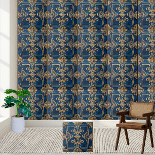 Azulejo Real Azul Elegante Clássico e Grego Dourad